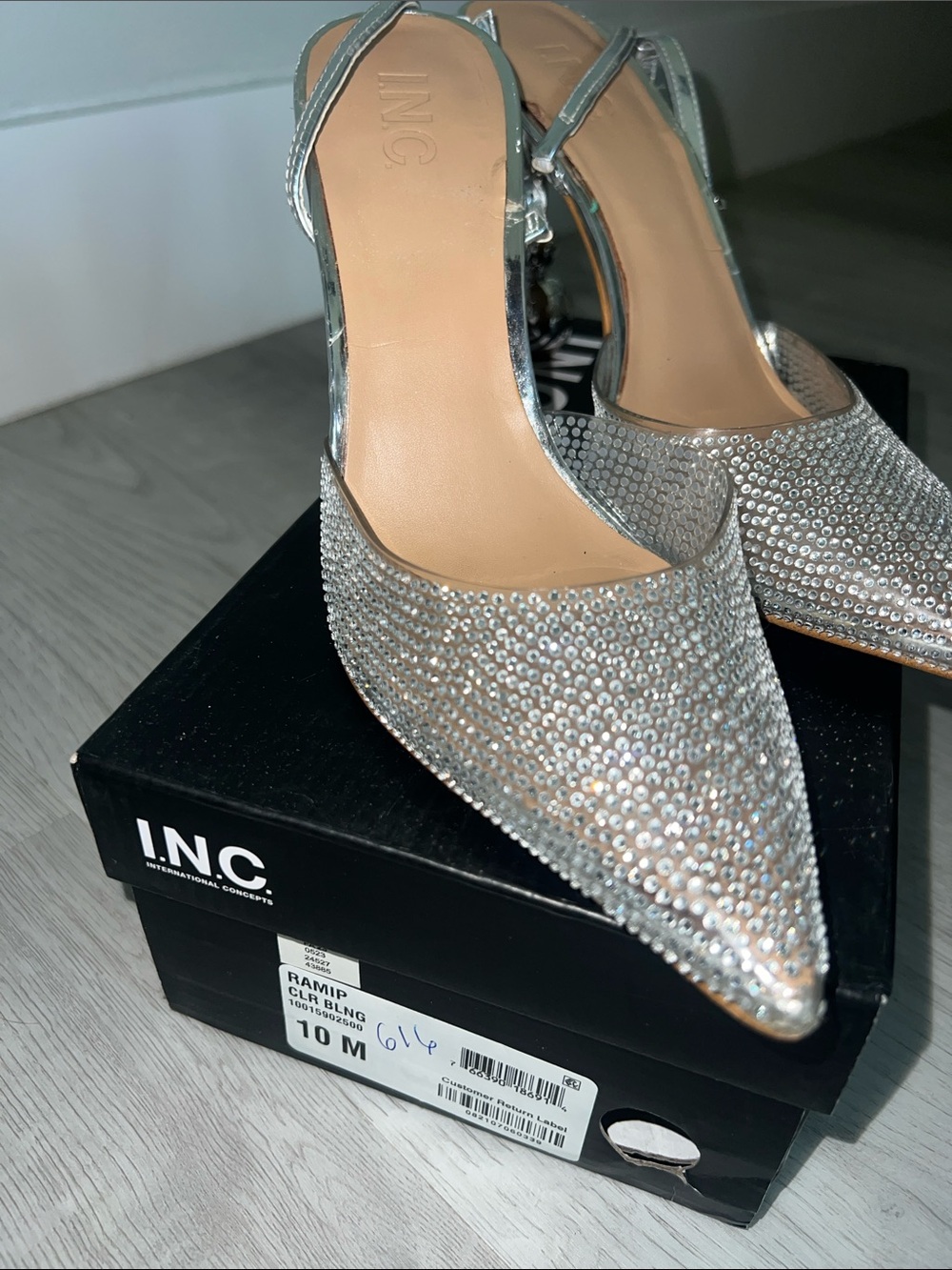 INC International Concepts Silver Rhinestone Pointed Slingback Heels